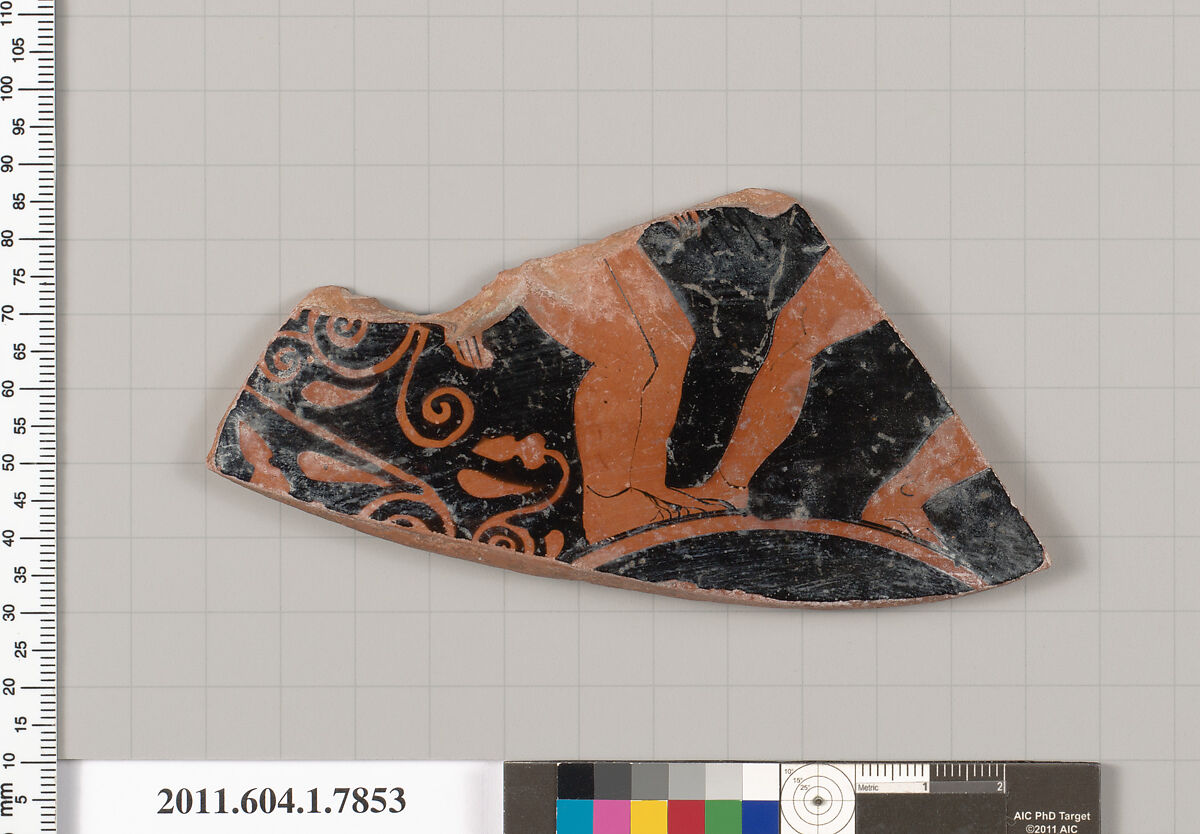 Terracotta fragment of a kylix (drinking cup), Attributed to the Eretria Painter [DvB], Terracotta, Greek, Attic