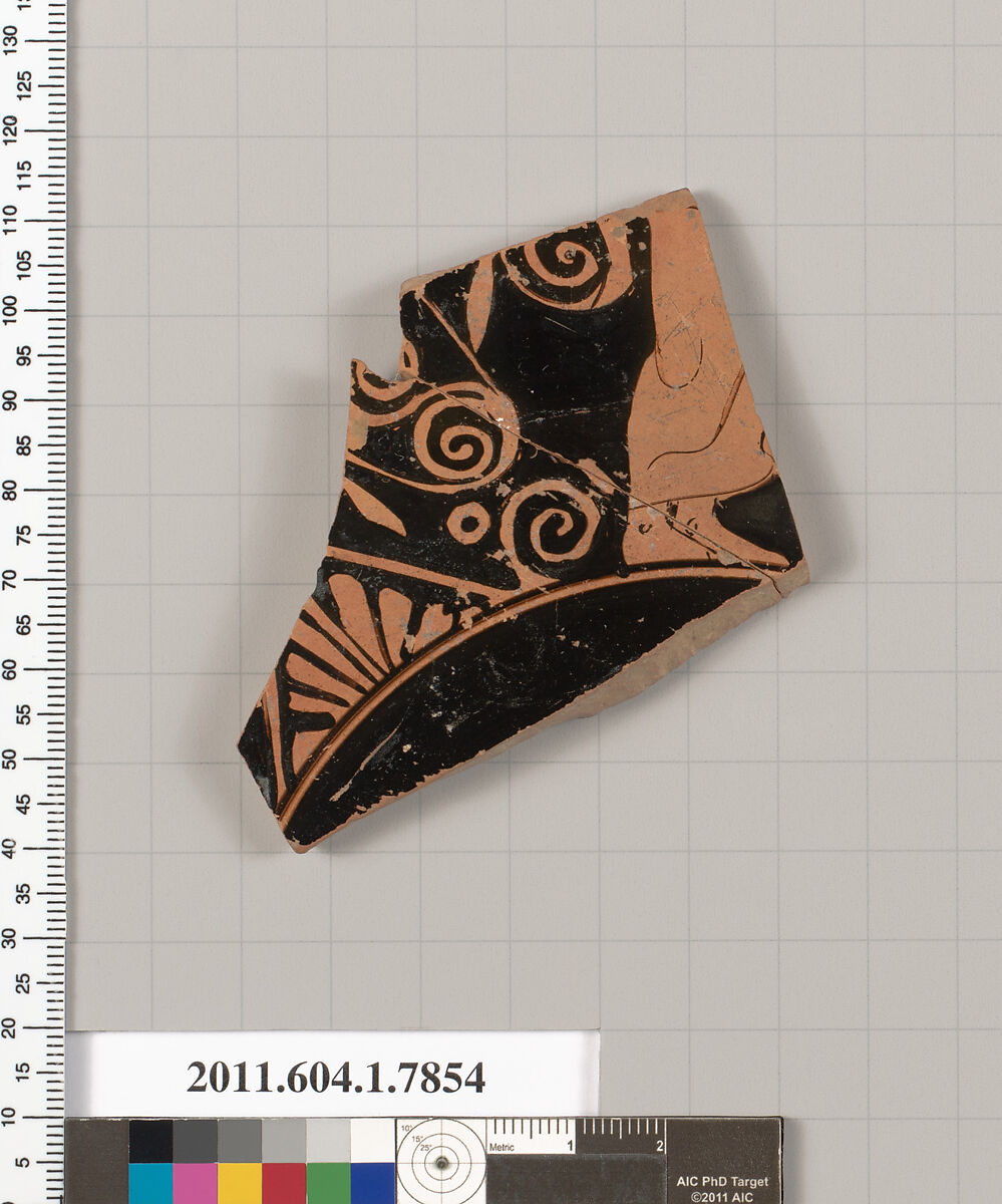 Terracotta fragment of a kylix (drinking cup), Attributed to the Eretria Painter [DvB], Terracotta, Greek, Attic