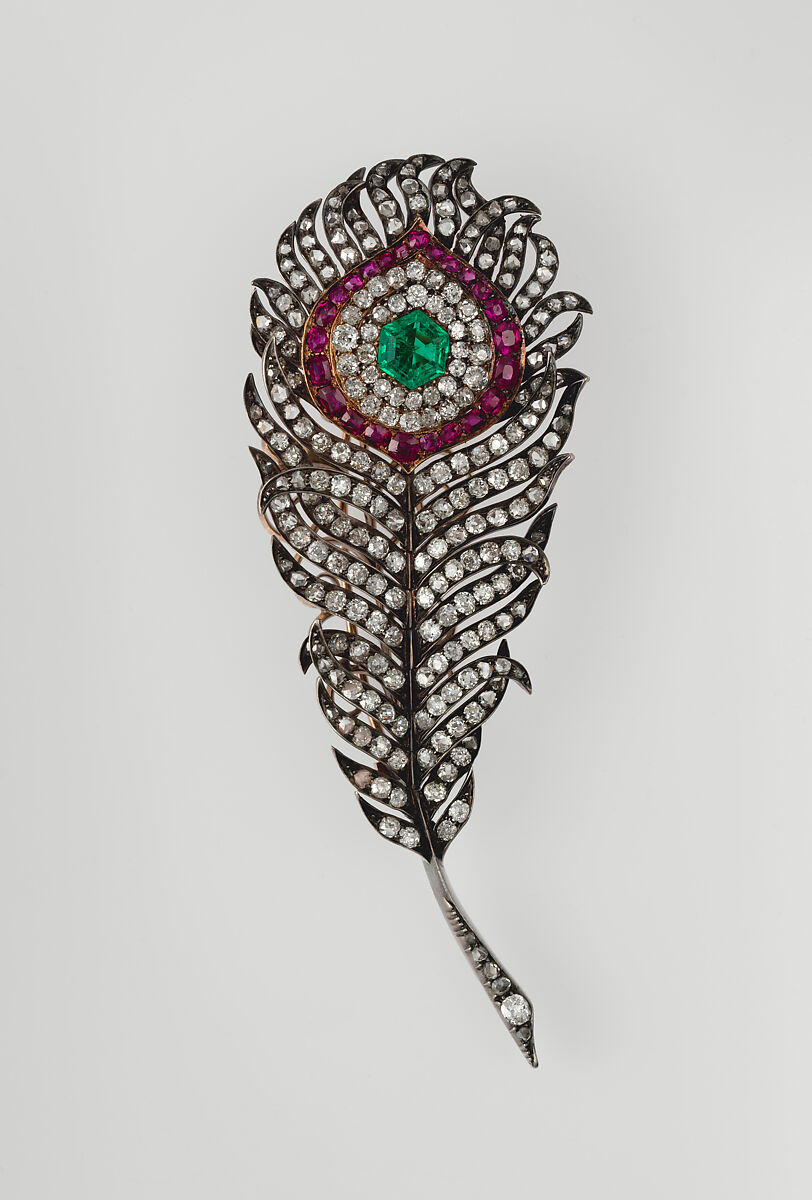 Peacock feather brooch, Silver, diamonds, rubies, emeralds, gold, European 