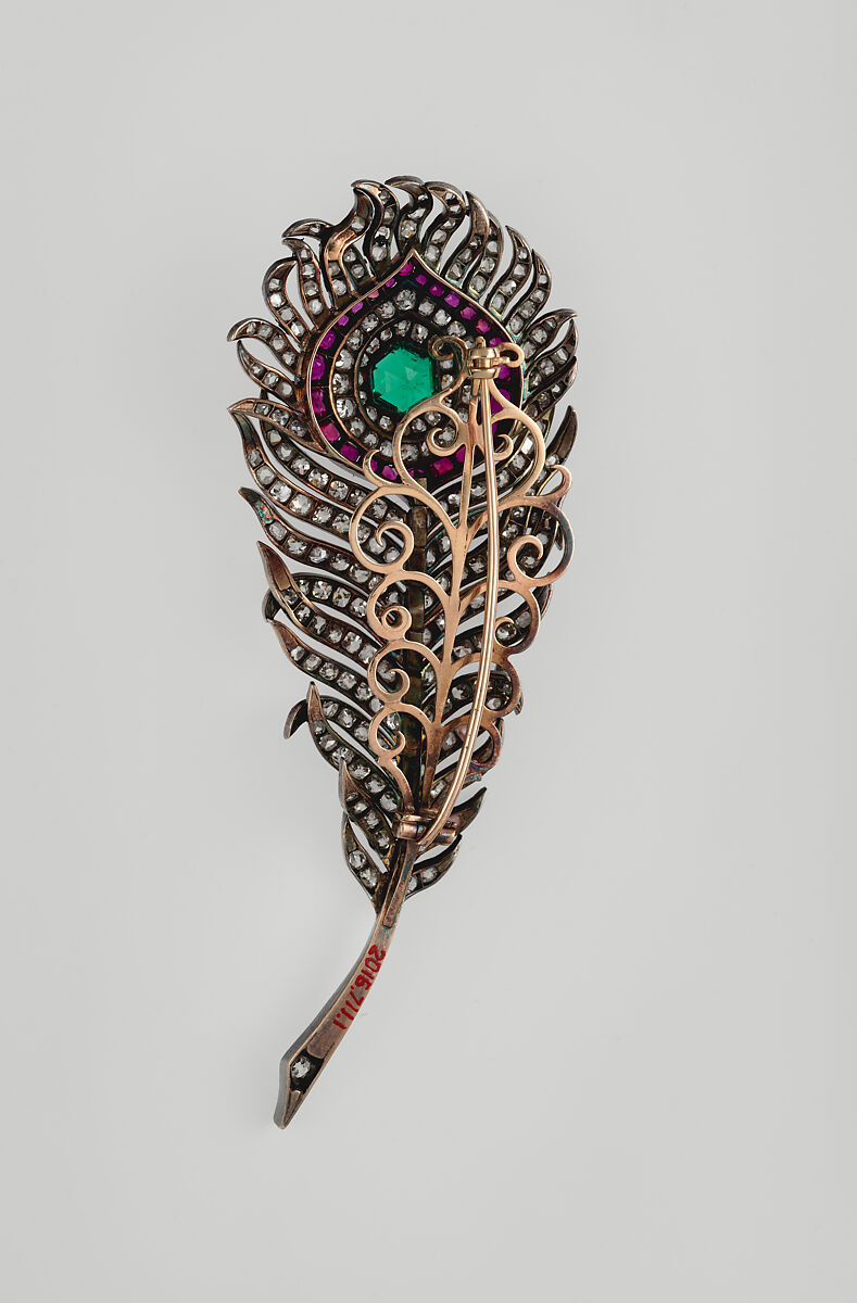 Peacock feather brooch, Silver, diamonds, rubies, emeralds, gold, European