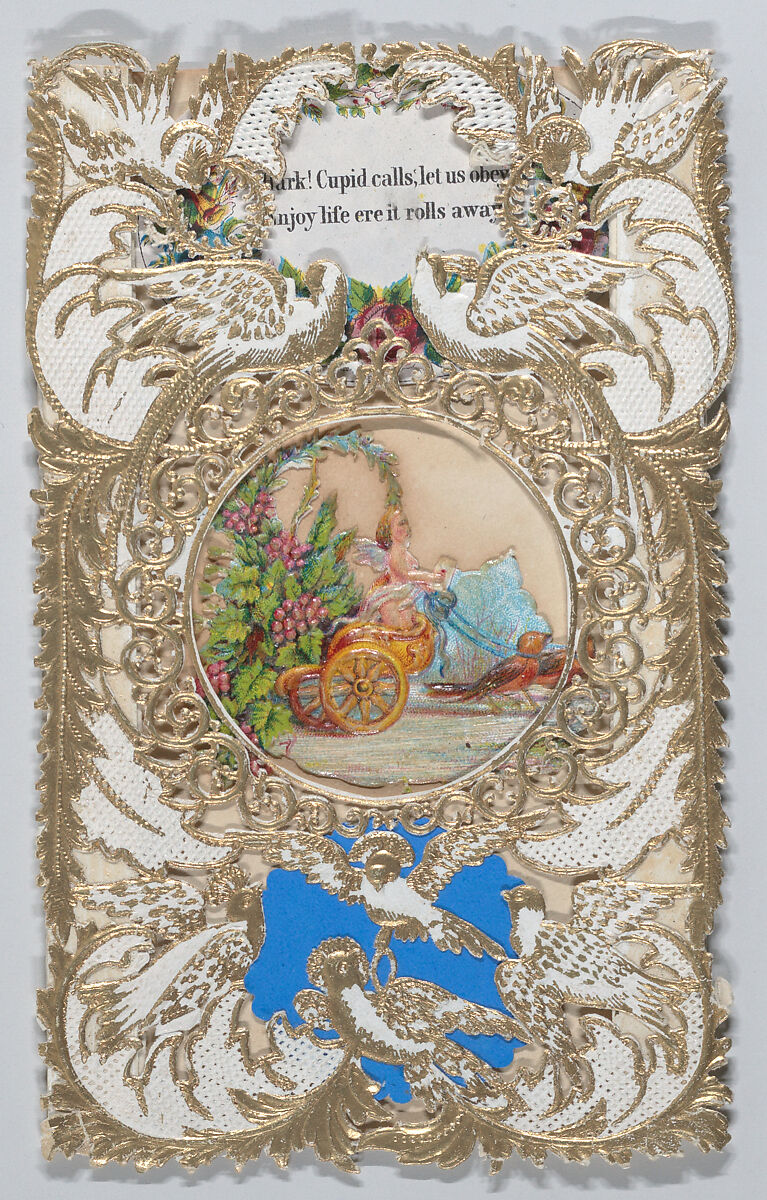 Valentine, Anonymous, Open-work, cameo embossed, gilded lace paper, chromolithographed die-cut scraps, colored paper 