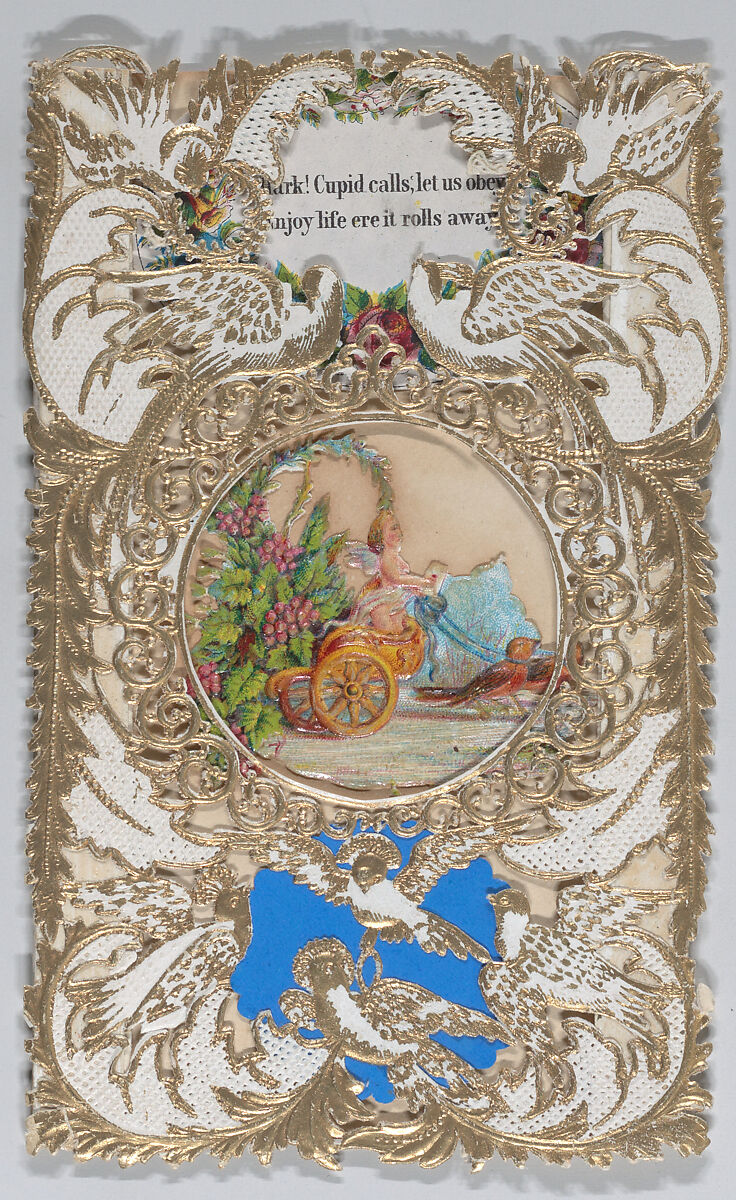 Valentine, Anonymous, Open-work, cameo embossed, gilded lace paper, chromolithographed die-cut scraps, colored paper