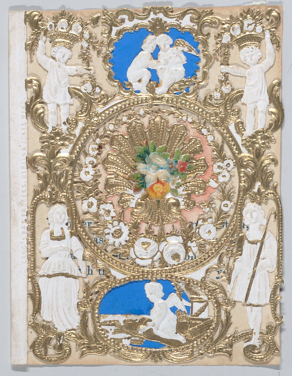 Valentine, Anonymous, Open-work, cameo embossed, gilded lace paper, chromolithographed die-cut scraps, colored paper 