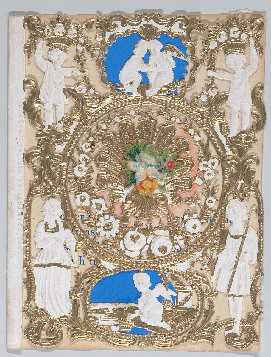 Valentine, Anonymous, Open-work, cameo embossed, gilded lace paper, chromolithographed die-cut scraps, colored paper