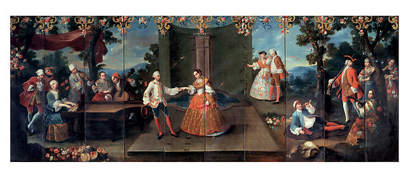 Folding Screen with Fête Galante and Musicians (Biombo con fiesta galante y músicos), Attributed to Miguel Cabrera (Mexican, ca. 1715–1768) (Atribuido a Miguel Cabrera), Oil on canvas (Óleo sobre lienzo), Mexican 