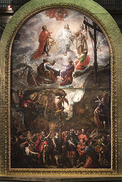 Moses and the Brazen Serpent and the Transfiguration of Jesus, Cristobal de Villalpando (Mexican, ca. 1649–1714), Oil on canvas, Mexican 