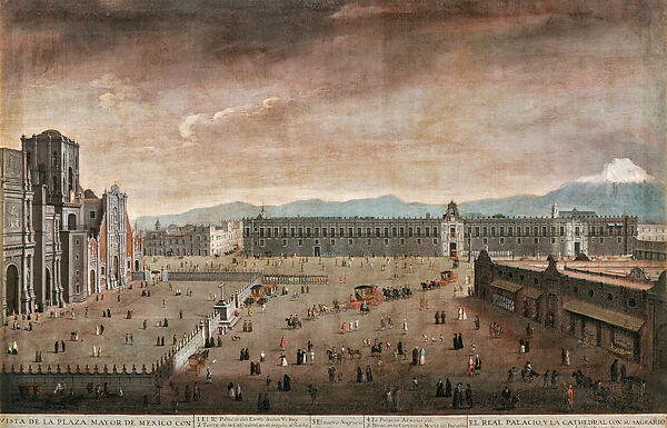 View of the Plaza Mayor of Mexico (Vista de la Plaza Mayor de México), Juan Patricio Morlete Ruiz (Mexican, 1713–1772), Oil on canvas (Óleo sobre lienzo), Mexican 