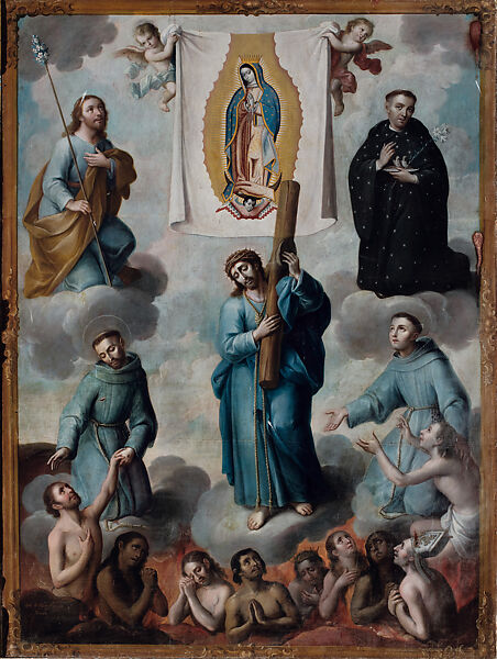 The Virgin of Guadalupe, Christ Carrying the Cross, Saints, and Souls in Purgatory (La Virgen de Guadalupe, Jesús Nazareno, santos y animas del purgatorio), José de Páez (Mexican, 1720–ca. 1790), Oil on canvas (Óleo sobre lienzo), Mexican 