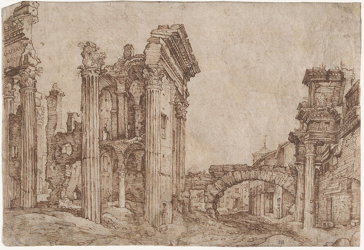The Ruins of the Forum of Nerva, Rome, seen from the South-West, Matthijs Bril the Younger (Netherlandish, Antwerp 1550–1583 Rome), Pen and brown ink 