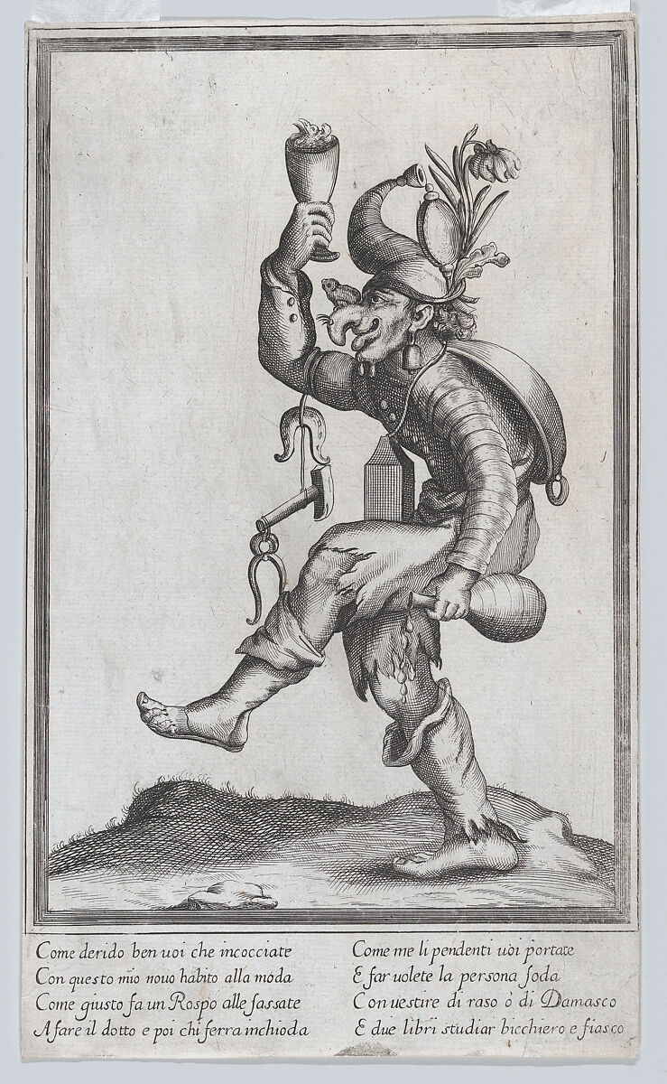A caricature figure (a carpenter?) with a toad on his nose, carrying various implements walking to the left, Anonymous, Italian, 17th century, Etching and engraving 