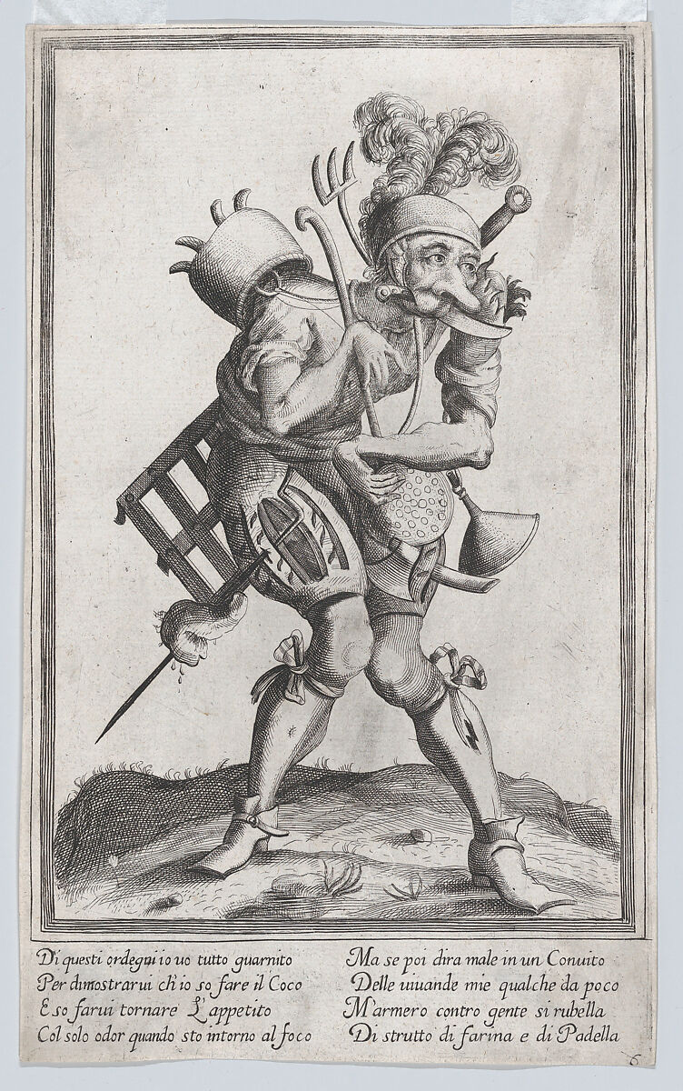 A caricature figure representing a cook loaded with various implements and a knife in his mouth, Anonymous, Italian, 17th century, Etching and engraving 