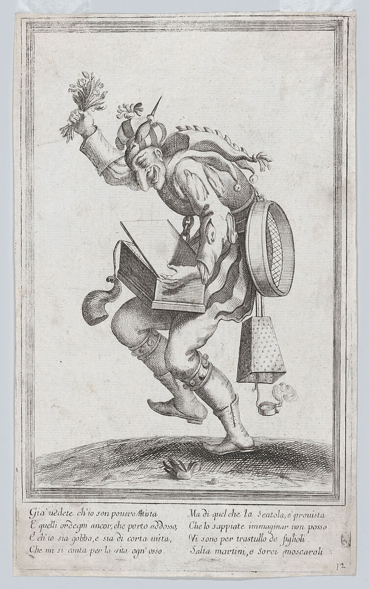 A caricature figure representing a poor itinerant artist loaded with various implements relating to his trade, Anonymous, Italian, 17th century, Etching and engraving 