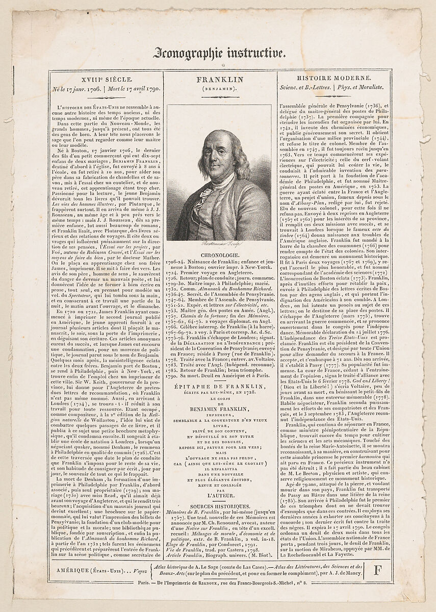 Sheet from "Iconographie Instructive" with portrait of Benjamin Franklin, Adrien Jarry de Mancy (French, 1796–1862), Letterpress and engraving 