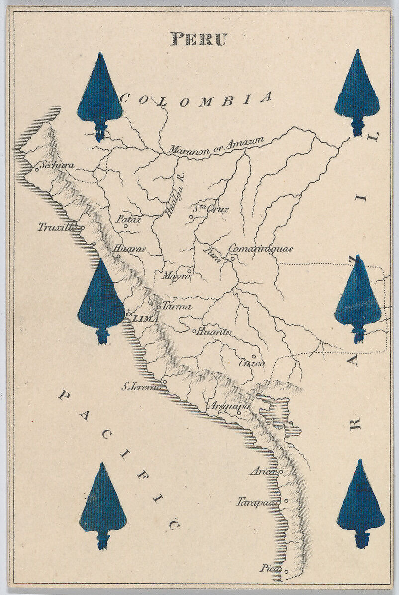 Peru, from "Court Game of Geography", William and Henry Rock, Engraving and hand coloring (watercolor) 