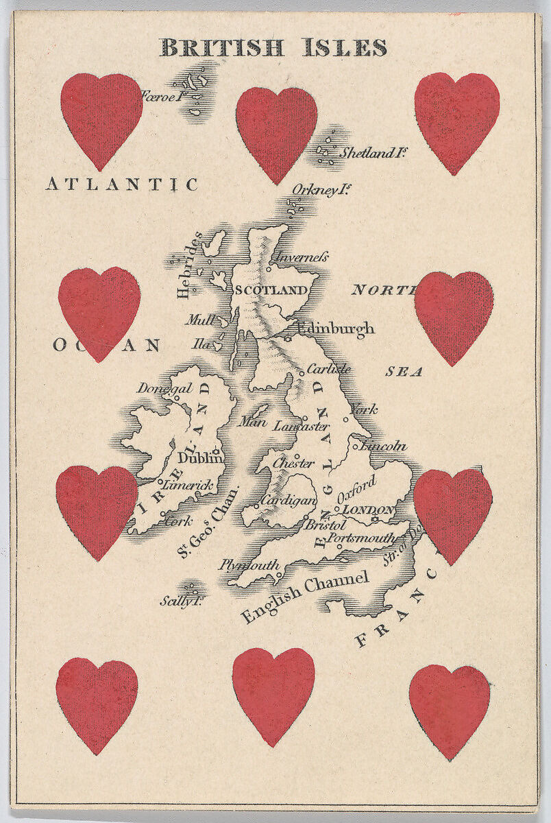 British Isles, from "Court Game of Geography", William and Henry Rock, Engraving and hand coloring (watercolor) 