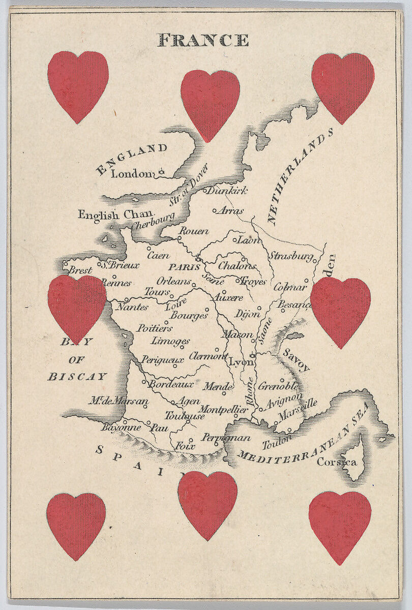 France, from "Court Game of Geography", William and Henry Rock, Engraving and hand coloring (watercolor) 