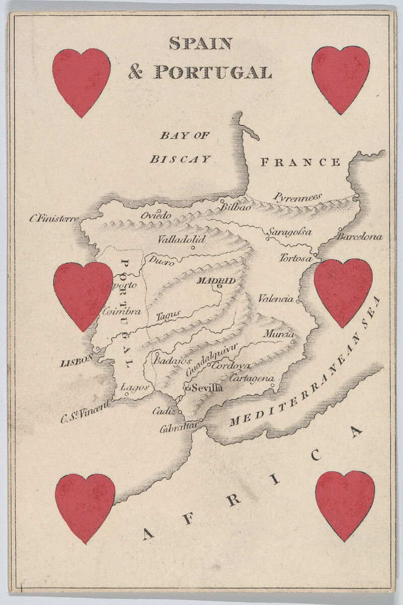 Spain and Portugal in Europe, from "Court Game of Geography", William and Henry Rock, Engraving and hand coloring (watercolor) 