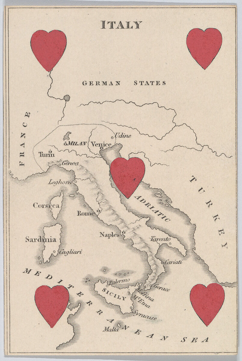 Italy, from "Court Game of Geography", William and Henry Rock, Engraving and hand coloring (watercolor) 