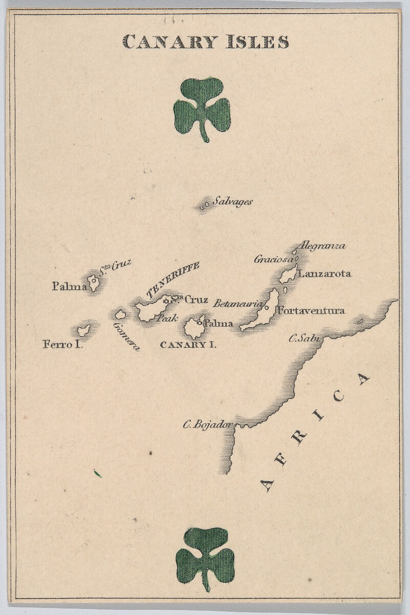 Canary Isles, from "Court Game of Geography", William and Henry Rock, Engraving and hand coloring (watercolor) 