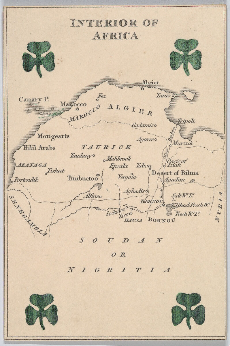 Interior of Africa, from "Court Game of Geography", William and Henry Rock, Engraving and hand coloring (watercolor) 