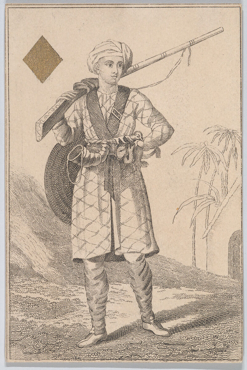 Knave (Hyder Ali from Mysore), from "Court Game of Geography", William and Henry Rock, Engraving, etching and hand coloring (watercolor) 