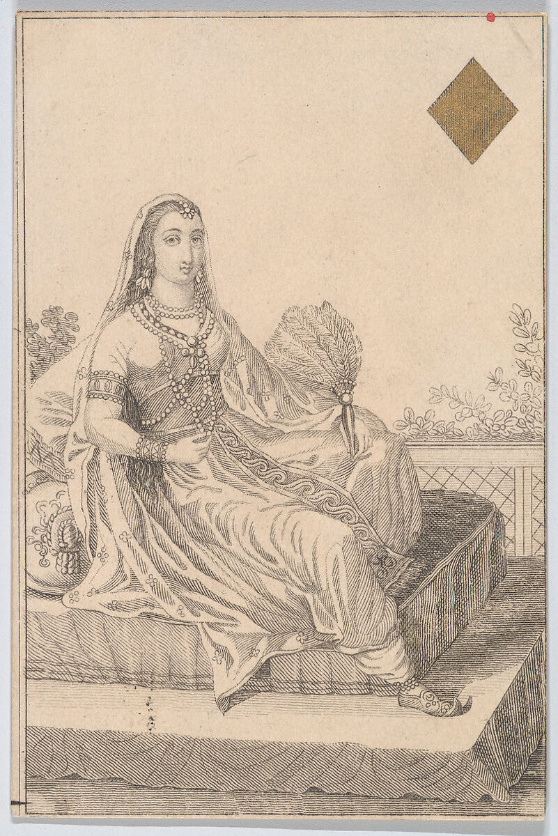 Queen (Stutira from Persia), from "Court Game of Geography", William and Henry Rock, Engraving, etching and hand coloring (watercolor) 
