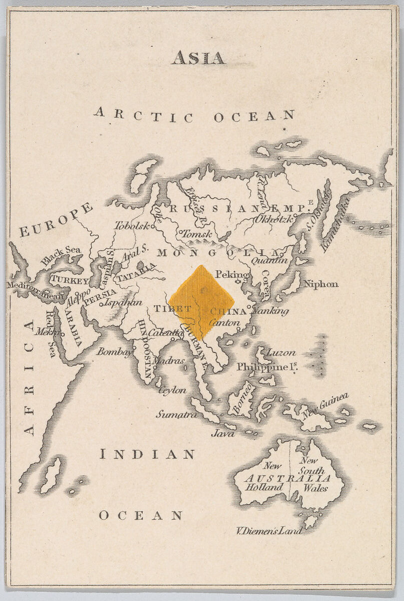 Asia, from "Court Game of Geography", William and Henry Rock, Engraving and hand coloring (watercolor) 