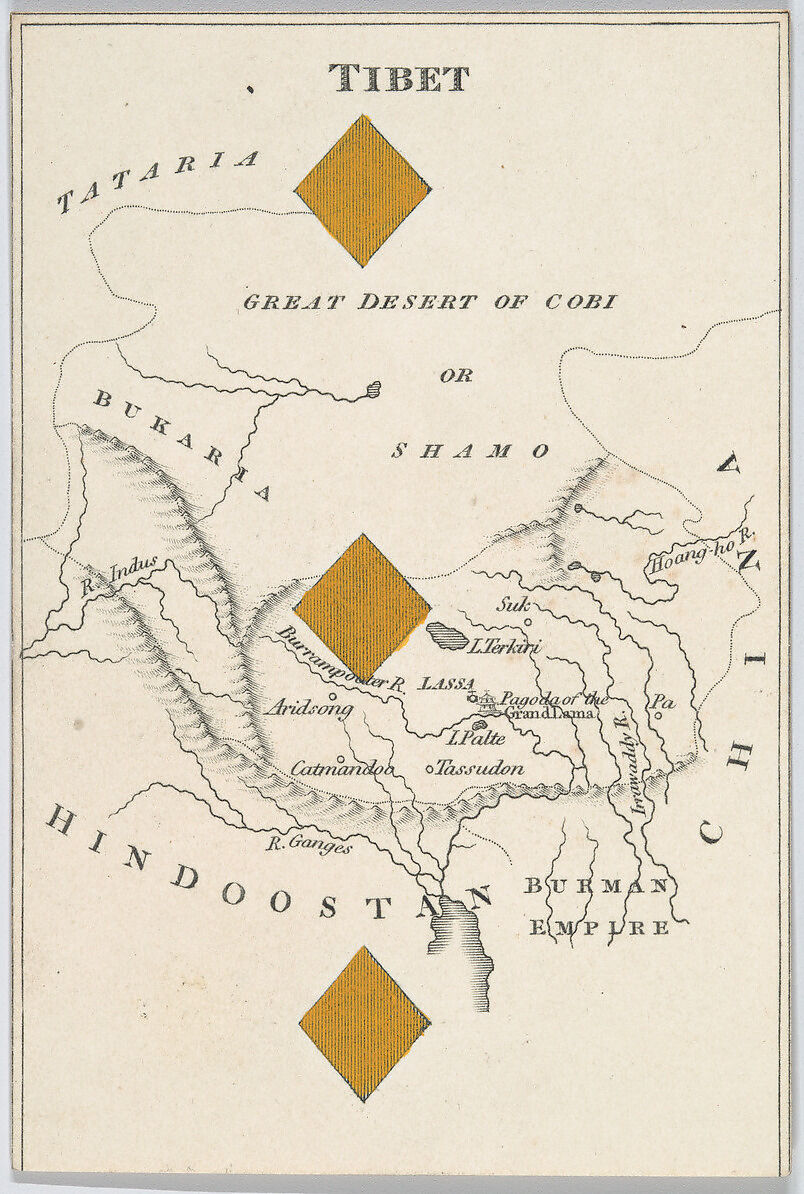 Tibet, from "Court Game of Geography", William and Henry Rock, Engraving and hand coloring (watercolor) 