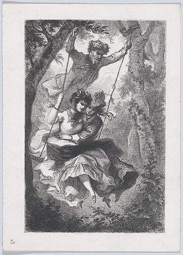 A Man Pushing Two Women on a Swing