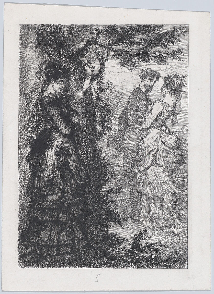 A Woman Watching a Couple from Behind a Tree, Possibly J. Cariven (French, active 1864–80), Etching 