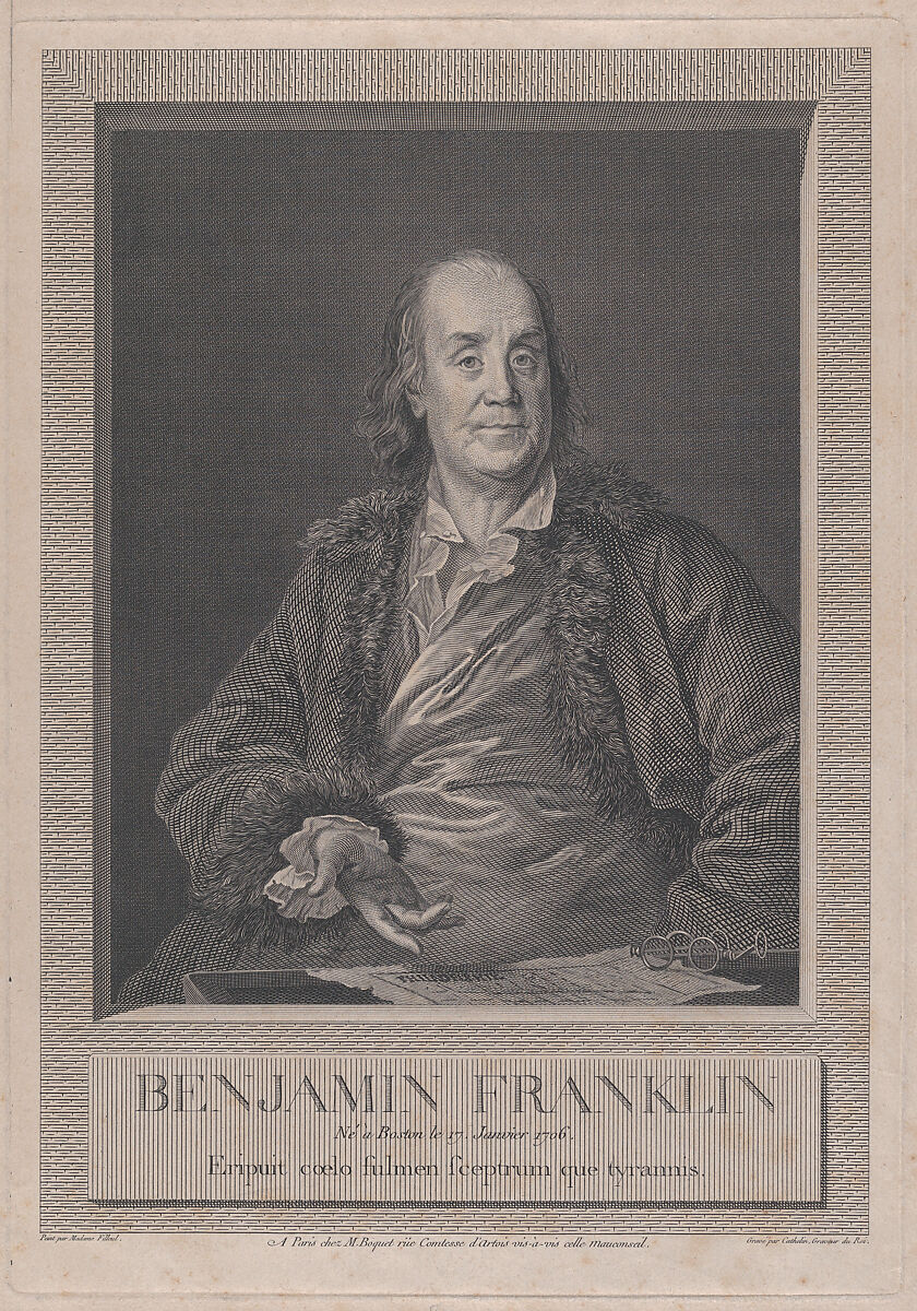 Portrait of Benjamin Franklin, Louis Jacques Cathelin (French, Paris, 1739–1804), Etching and engraving; second state of two 