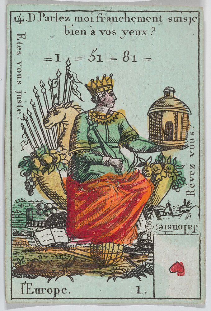 Allegory of Europe, from playing cards "Jeu d'Or", Anonymous, French, 18th century, Etching and hand coloring (watercolor) 