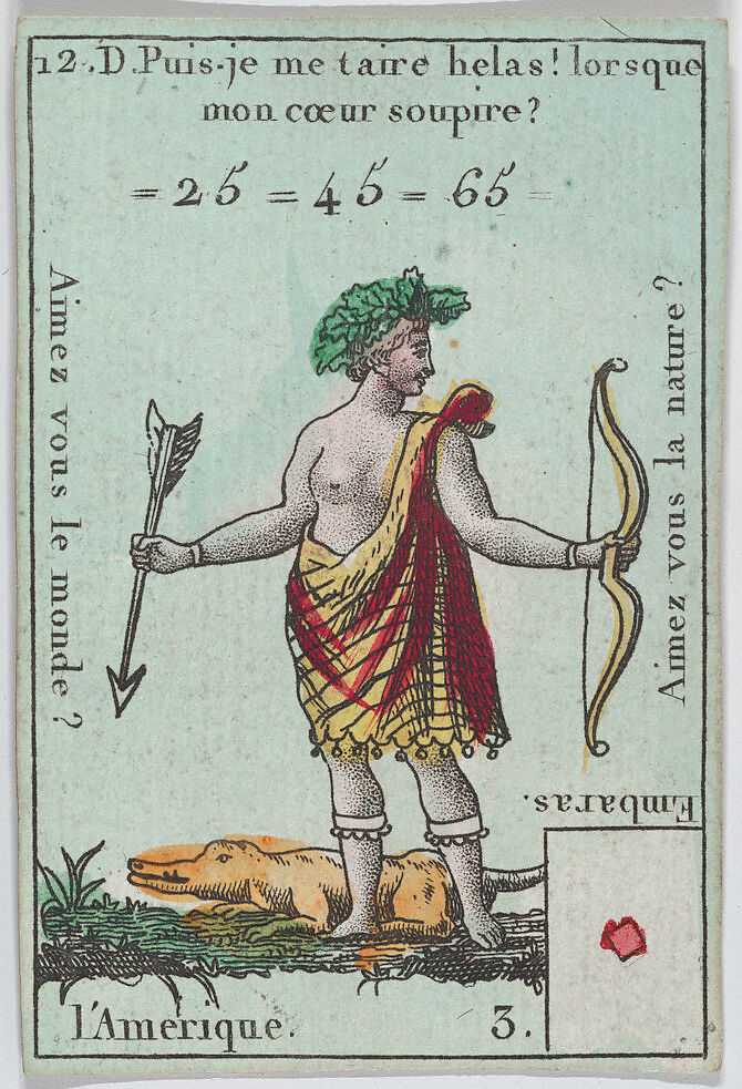 L'Amerique from playing cards "Jeu d'Or", Anonymous, French, 18th century, Etching and hand coloring (watercolor) 