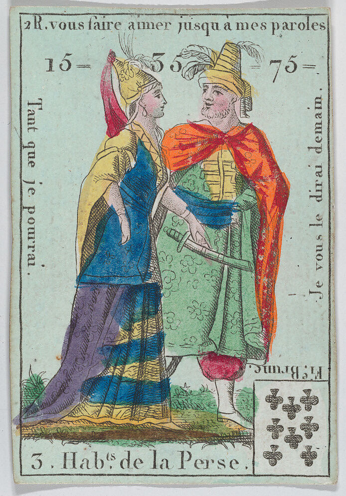 Hab.ts de la Perse from Playing cards "Jeu d'Or", Anonymous, French, 18th century, Etching and hand coloring (watercolor) 