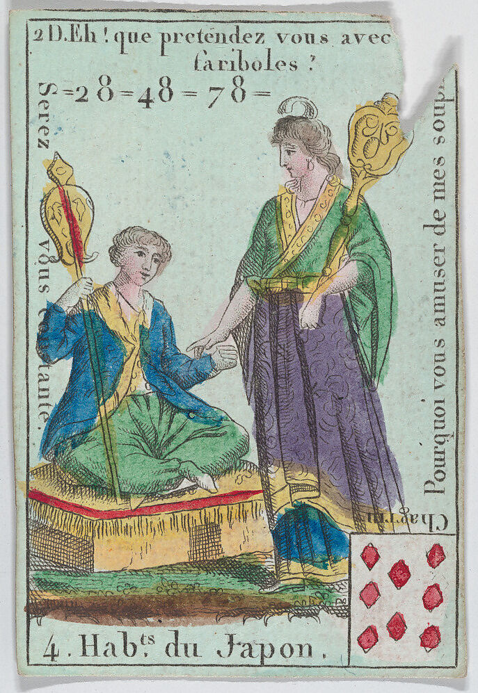 Hab.ts du Japon from playing cards "Jeu d'Or", Anonymous, French, 18th century, Etching and hand coloring (watercolor)