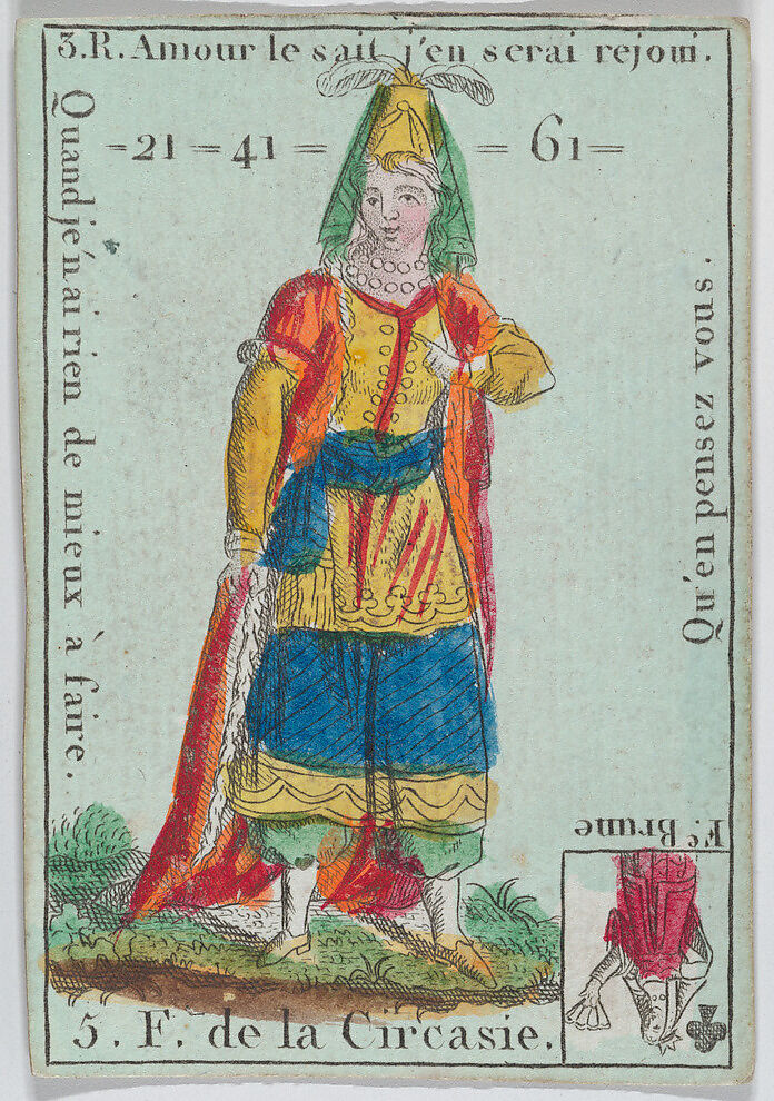 F. de la Circasie from playing cards "Jeu d'Or", Anonymous, French, 18th century, Etching and hand coloring (watercolor) 