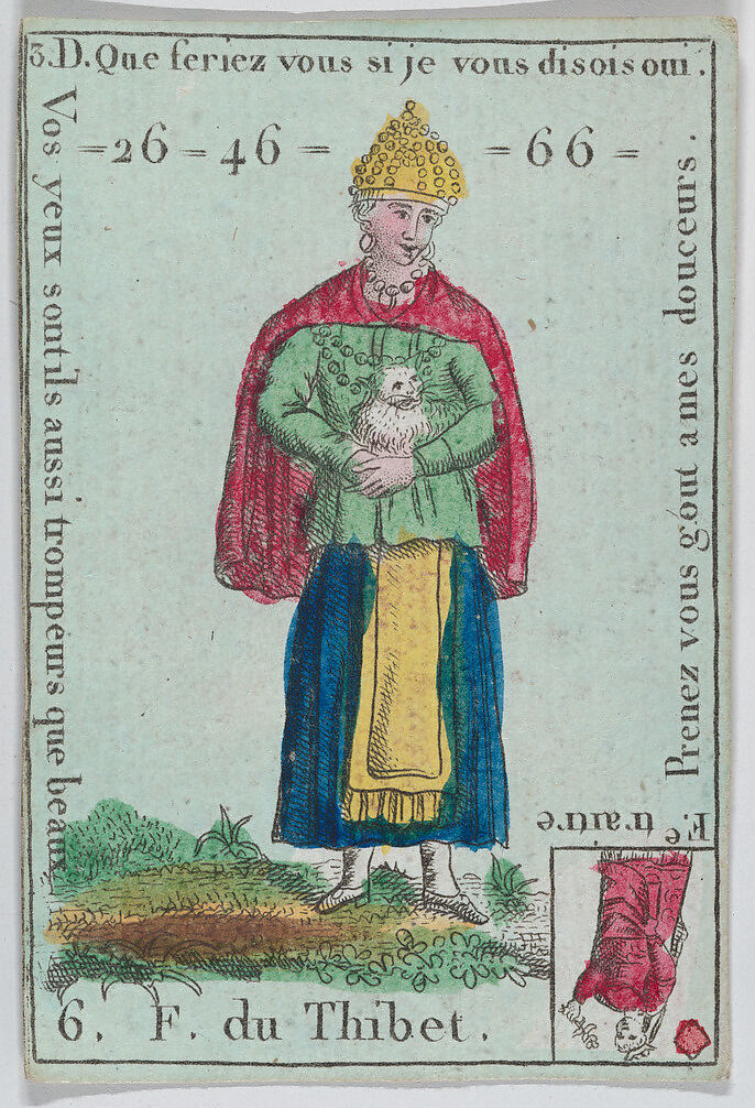 F. du Thibet from playing cards "Jeu d'Or", Anonymous, French, 18th century, Etching and hand coloring (watercolor) 