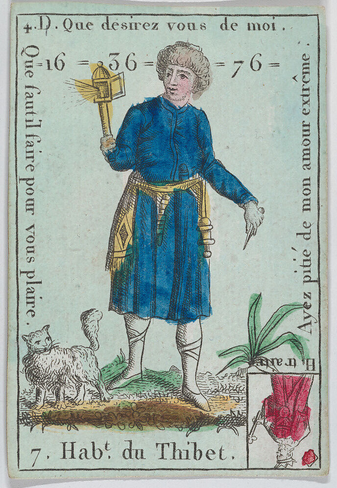 Hab.t du Thibet from playing cards "Jeu d'Or", Anonymous, French, 18th century, Etching and hand coloring (watercolor) 