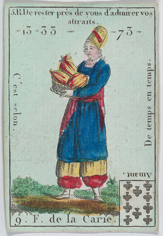 F. de la Carie from playing cards "Jeu d'Or", Anonymous, French, 18th century, Etching and hand coloring (watercolor) 