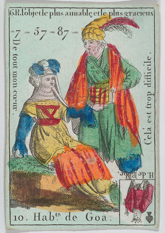 Hab.ts de Goa from playing cards "Jeu d'Or", Anonymous, French, 18th century, Etching and hand coloring (watercolor) 