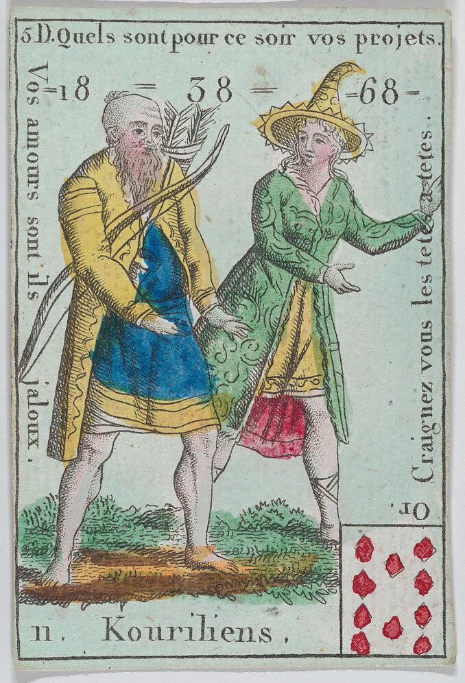 Kouriliens from playing cards "Jeu d'Or", Anonymous, French, 18th century, Etching and hand coloring (watercolor) 