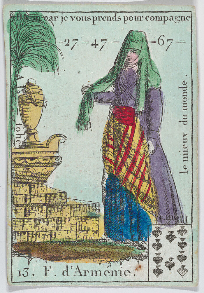 F. d' Armenie from playing cards "Jeu d'Or", Anonymous, French, 18th century, Etching and hand coloring (watercolor) 