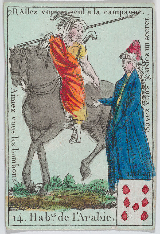 Hab.ts de l' Arabie from playing cards "Jeu d'Or", Anonymous, French, 18th century, Etching and hand coloring (watercolor) 