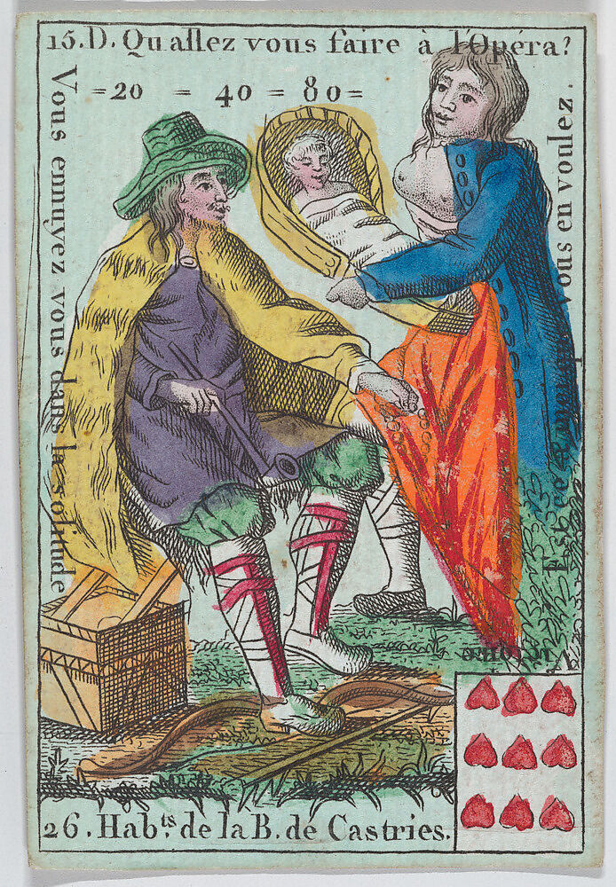 Hab.ts de la B. de Castries from playing cards "Jeu d'Or", Anonymous, French, 18th century, Etching and hand coloring (watercolor) 