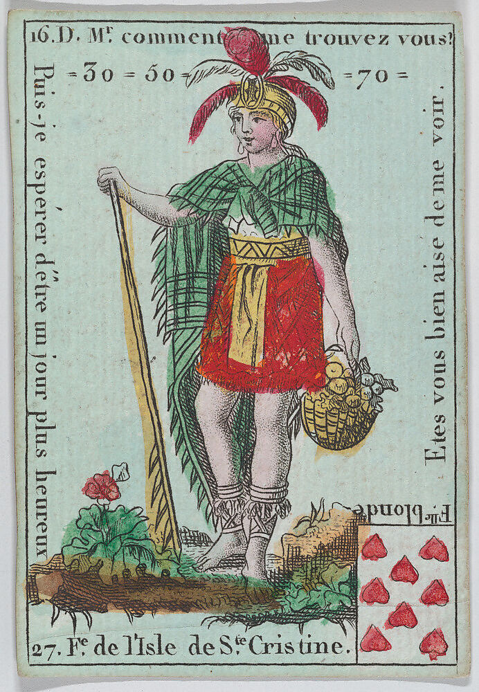 F.e d l'Isle de S.te Cristine from playing cards "Jeu d'Or", Anonymous, French, 18th century, Etching and hand coloring (watercolor) 