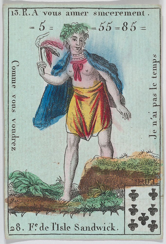F.e d l'Isle Sandwick from playing cards "Jeu d'Or", Anonymous, French, 18th century, Etching and hand coloring (watercolor) 