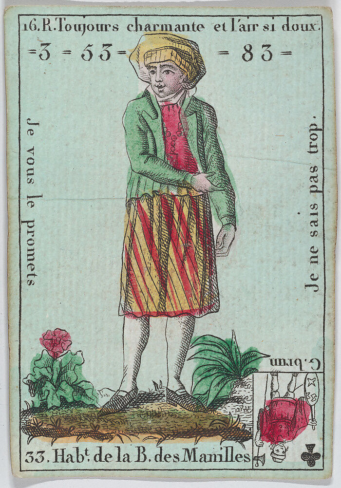 Hab.t de la B. des Manilles from playing cards "Jeu d'Or", Anonymous, French, 18th century, Etching and hand coloring (watercolor) 
