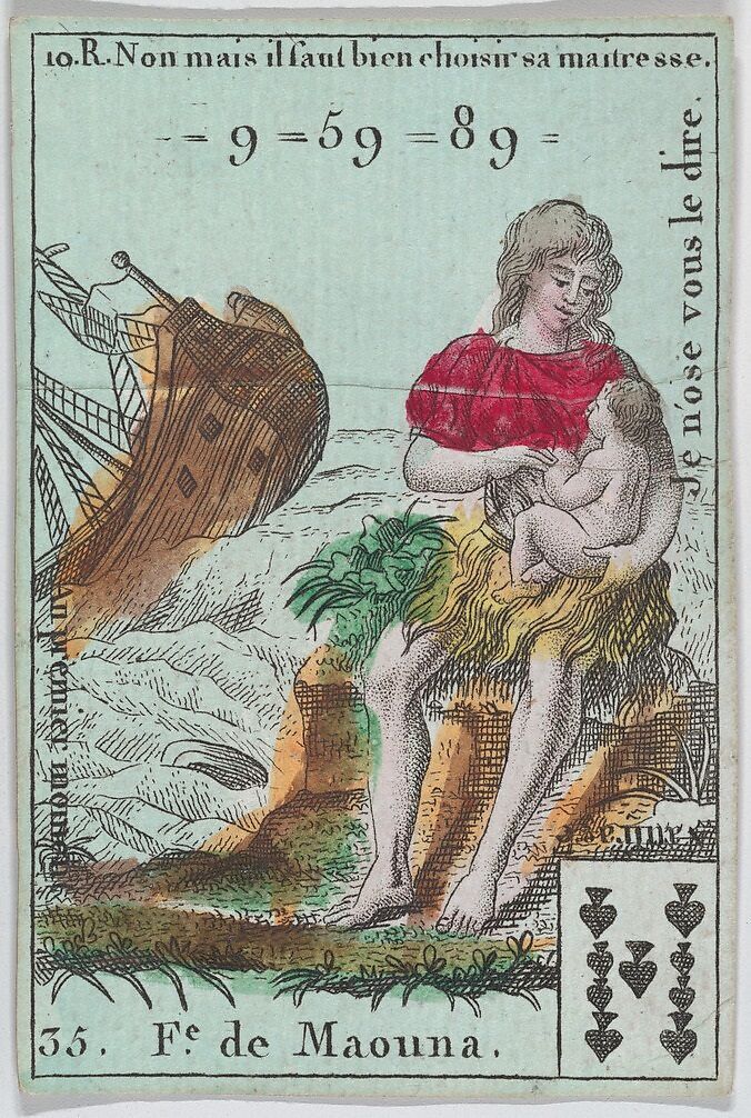 F.e de Maouna from playing cards "Jeu d'Or", Anonymous, French, 18th century, Etching and hand coloring (watercolor) 
