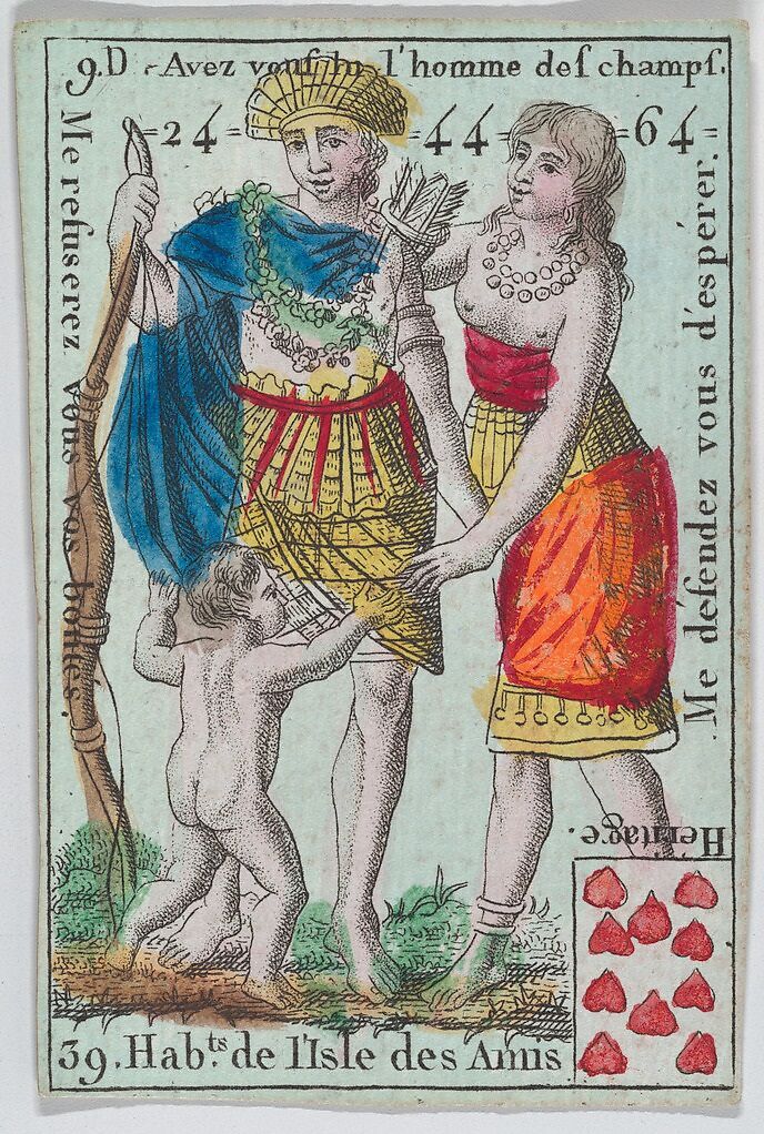 Hab.ts de l'Isle des Amis from playing cards "Jeu d'Or", Anonymous, French, 18th century, Etching and hand coloring (watercolor) 