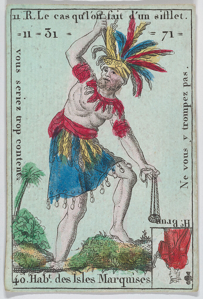 Hab.ts de l'Isle Marquises from playing cards "Jeu d'Or", Anonymous, French, 18th century, Etching and hand coloring (watercolor)